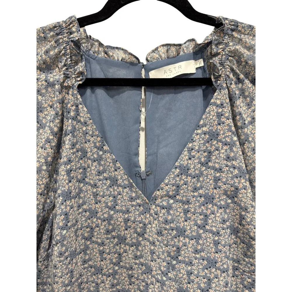 ASTR The Label Blue Floral Long Sleeve Ruffled Mini Dress Women's LARGE - Picture 5 of 11